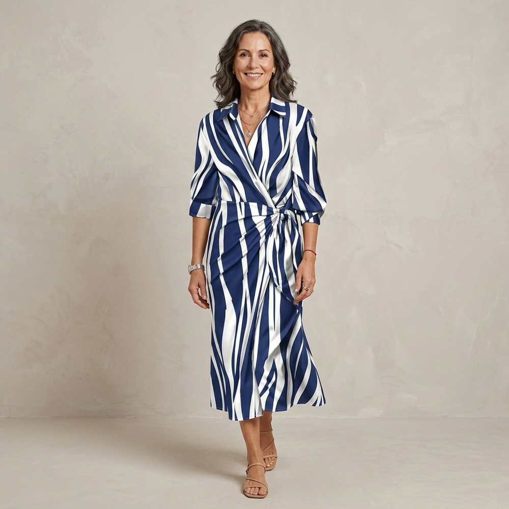 Cecilia Elegant Striped Dress — dark blue & white