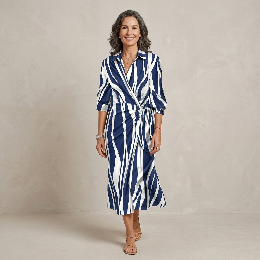 Cecilia Elegant Striped Dress — dark blue & white