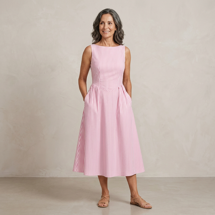 Denise Striped Sleeveless Midi Dress — pink