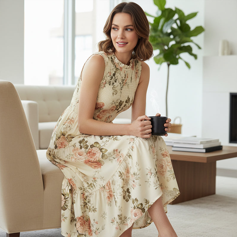 Rosalind | Abito Midi Floreale a Balze con Corpetto Smock