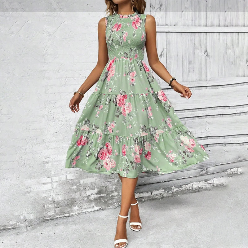 Rosalind | Abito Midi Floreale a Balze con Corpetto Smock